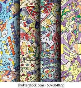 Set of tracery colorful seamless patterns. Vertical stripes. Curved doodling backgrounds for textile or printing with mehndi and ethnic motives. Vector