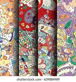 Set of tracery colorful seamless patterns. Vertical stripes. Curved doodling backgrounds for textile or printing with mehndi and ethnic motives. Vector