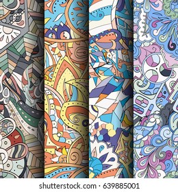 Set of tracery colorful seamless patterns. Vertical stripes. Curved doodling backgrounds for textile or printing with mehndi and ethnic motives. Vector