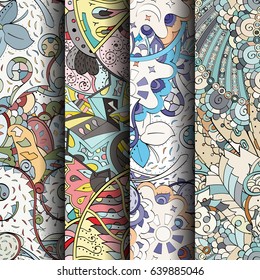 Set of tracery colorful seamless patterns. Vertical stripes. Curved doodling backgrounds for textile or printing with mehndi and ethnic motives. Vector