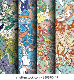 Set of tracery colorful seamless patterns. Vertical stripes. Curved doodling backgrounds for textile or printing with mehndi and ethnic motives. Vector
