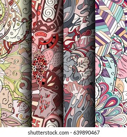 Set of tracery colorful seamless patterns. Vertical stripes. Curved doodling backgrounds for textile or printing with mehndi and ethnic motives. Vector