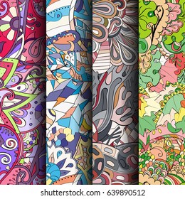 Set of tracery colorful seamless patterns. Vertical stripes. Curved doodling backgrounds for textile or printing with mehndi and ethnic motives. Vector