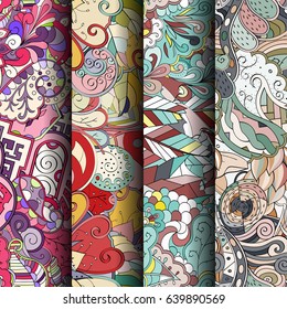 Set of tracery colorful seamless patterns. Vertical stripes. Curved doodling backgrounds for textile or printing with mehndi and ethnic motives. Vector