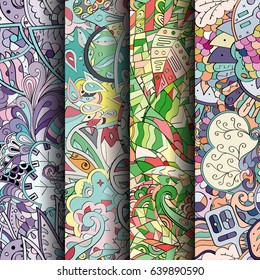 Set of tracery colorful seamless patterns. Vertical stripes. Curved doodling backgrounds for textile or printing with mehndi and ethnic motives. Vector