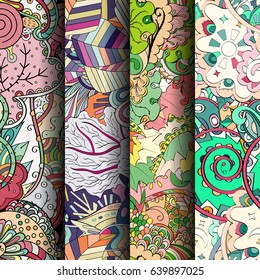 Set of tracery colorful seamless patterns. Vertical stripes. Curved doodling backgrounds for textile or printing with mehndi and ethnic motives. Vector