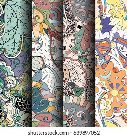 Set of tracery colorful seamless patterns. Vertical stripes. Curved doodling backgrounds for textile or printing with mehndi and ethnic motives. Vector