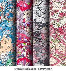 Set of tracery colorful seamless patterns. Vertical stripes. Curved doodling backgrounds for textile or printing with mehndi and ethnic motives. Vector