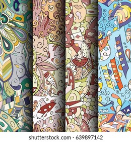 Set of tracery colorful seamless patterns. Vertical stripes. Curved doodling backgrounds for textile or printing with mehndi and ethnic motives. Vector