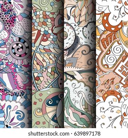 Set of tracery colorful seamless patterns. Vertical stripes. Curved doodling backgrounds for textile or printing with mehndi and ethnic motives. Vector