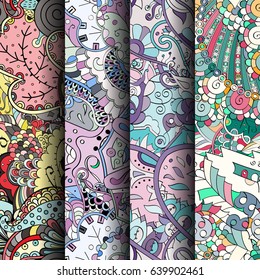Set of tracery colorful seamless patterns. Vertical stripes. Curved doodling backgrounds for textile or printing with mehndi and ethnic motives. Vector