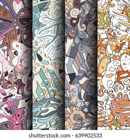 Set of tracery colorful seamless patterns. Vertical stripes. Curved doodling backgrounds for textile or printing with mehndi and ethnic motives. Vector