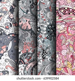 Set of tracery colorful seamless patterns. Vertical stripes. Curved doodling backgrounds for textile or printing with mehndi and ethnic motives. Vector