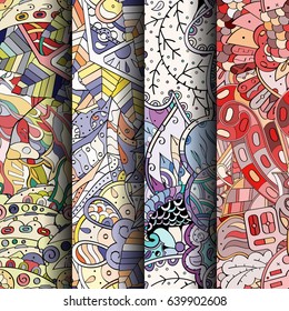 Set of tracery colorful seamless patterns. Vertical stripes. Curved doodling backgrounds for textile or printing with mehndi and ethnic motives. Vector