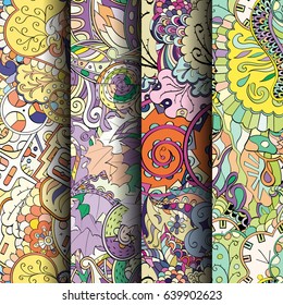 Set of tracery colorful seamless patterns. Vertical stripes. Curved doodling backgrounds for textile or printing with mehndi and ethnic motives. Vector