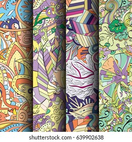 Set of tracery colorful seamless patterns. Vertical stripes. Curved doodling backgrounds for textile or printing with mehndi and ethnic motives. Vector