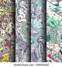 Set of tracery colorful seamless patterns. Vertical stripes. Curved doodling backgrounds for textile or printing with mehndi and ethnic motives. Vector