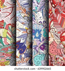 Set of tracery colorful seamless patterns. Vertical stripes. Curved doodling backgrounds for textile or printing with mehndi and ethnic motives. Vector
