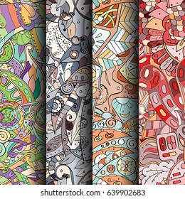 Set of tracery colorful seamless patterns. Vertical stripes. Curved doodling backgrounds for textile or printing with mehndi and ethnic motives. Vector