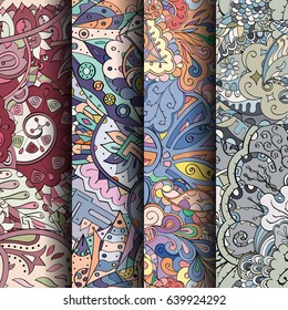 Set of tracery colorful seamless patterns. Vertical stripes. Curved doodling backgrounds for textile or printing with mehndi and ethnic motives. Vector
