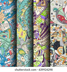 Set of tracery colorful seamless patterns. Vertical stripes. Curved doodling backgrounds for textile or printing with mehndi and ethnic motives. Vector
