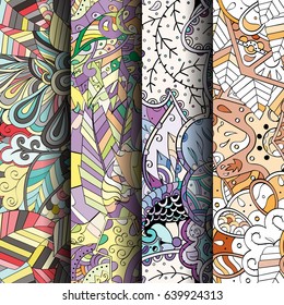 Set of tracery colorful seamless patterns. Vertical stripes. Curved doodling backgrounds for textile or printing with mehndi and ethnic motives. Vector