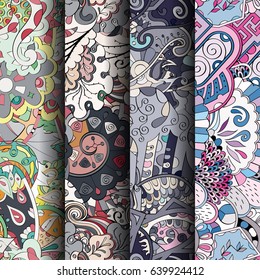 Set of tracery colorful seamless patterns. Vertical stripes. Curved doodling backgrounds for textile or printing with mehndi and ethnic motives. Vector