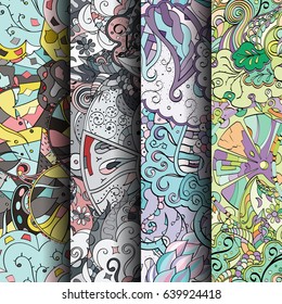 Set of tracery colorful seamless patterns. Vertical stripes. Curved doodling backgrounds for textile or printing with mehndi and ethnic motives. Vector