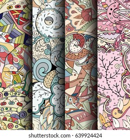 Set of tracery colorful seamless patterns. Vertical stripes. Curved doodling backgrounds for textile or printing with mehndi and ethnic motives. Vector