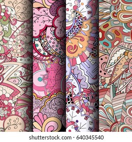 Set of tracery colorful seamless patterns. Vertical stripes. Curved doodling backgrounds for textile or printing with mehndi and ethnic motives. Vector