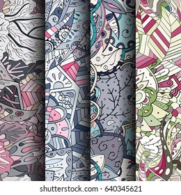 Set of tracery colorful seamless patterns. Vertical stripes. Curved doodling backgrounds for textile or printing with mehndi and ethnic motives. Vector