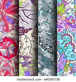 Set of tracery colorful seamless patterns. Vertical stripes. Curved doodling backgrounds for textile or printing with mehndi and ethnic motives. Vector
