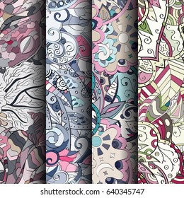 Set of tracery colorful seamless patterns. Vertical stripes. Curved doodling backgrounds for textile or printing with mehndi and ethnic motives. Vector
