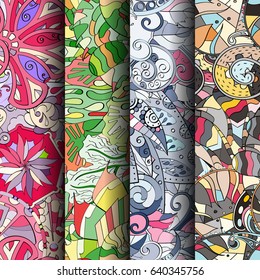 Set of tracery colorful seamless patterns. Vertical stripes. Curved doodling backgrounds for textile or printing with mehndi and ethnic motives. Vector