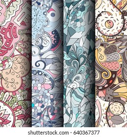 Set of tracery colorful seamless patterns. Vertical stripes. Curved doodling backgrounds for textile or printing with mehndi and ethnic motives. Vector