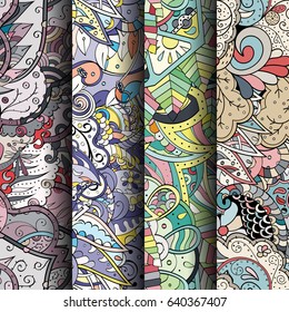 Set of tracery colorful seamless patterns. Vertical stripes. Curved doodling backgrounds for textile or printing with mehndi and ethnic motives. Vector