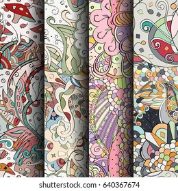 Set of tracery colorful seamless patterns. Vertical stripes. Curved doodling backgrounds for textile or printing with mehndi and ethnic motives. Vector