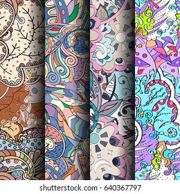 Set of tracery colorful seamless patterns. Vertical stripes. Curved doodling backgrounds for textile or printing with mehndi and ethnic motives. Vector
