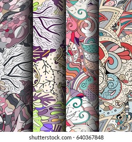 Set of tracery colorful seamless patterns. Vertical stripes. Curved doodling backgrounds for textile or printing with mehndi and ethnic motives. Vector