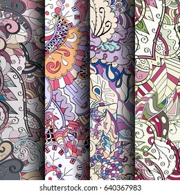 Set of tracery colorful seamless patterns. Vertical stripes. Curved doodling backgrounds for textile or printing with mehndi and ethnic motives. Vector