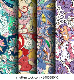 Set of tracery colorful seamless patterns. Vertical stripes. Curved doodling backgrounds for textile or printing with mehndi and ethnic motives. Vector