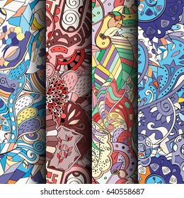 Set of tracery colorful seamless patterns. Vertical stripes. Curved doodling backgrounds for textile or printing with mehndi and ethnic motives. Vector