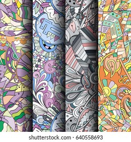 Set of tracery colorful seamless patterns. Vertical stripes. Curved doodling backgrounds for textile or printing with mehndi and ethnic motives. Vector