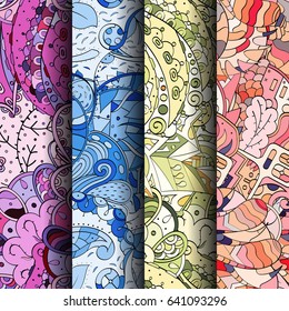 Set of tracery colorful seamless patterns. Vertical stripes. Curved doodling backgrounds for textile or printing with mehndi and ethnic motives. Vector