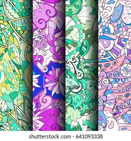 Set of tracery colorful seamless patterns. Vertical stripes. Curved doodling backgrounds for textile or printing with mehndi and ethnic motives. Vector