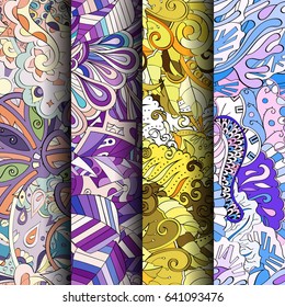 Set of tracery colorful seamless patterns. Vertical stripes. Curved doodling backgrounds for textile or printing with mehndi and ethnic motives. Vector