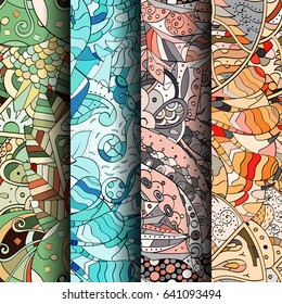Set of tracery colorful seamless patterns. Vertical stripes. Curved doodling backgrounds for textile or printing with mehndi and ethnic motives. Vector