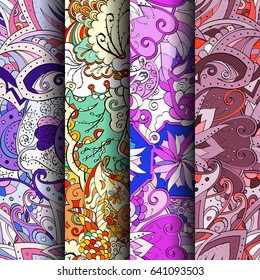 Set of tracery colorful seamless patterns. Vertical stripes. Curved doodling backgrounds for textile or printing with mehndi and ethnic motives. Vector