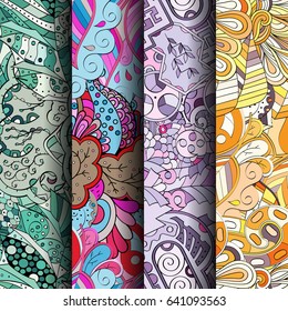Set of tracery colorful seamless patterns. Vertical stripes. Curved doodling backgrounds for textile or printing with mehndi and ethnic motives. Vector