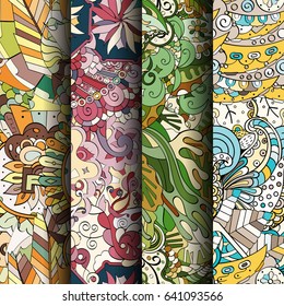 Set of tracery colorful seamless patterns. Vertical stripes. Curved doodling backgrounds for textile or printing with mehndi and ethnic motives. Vector